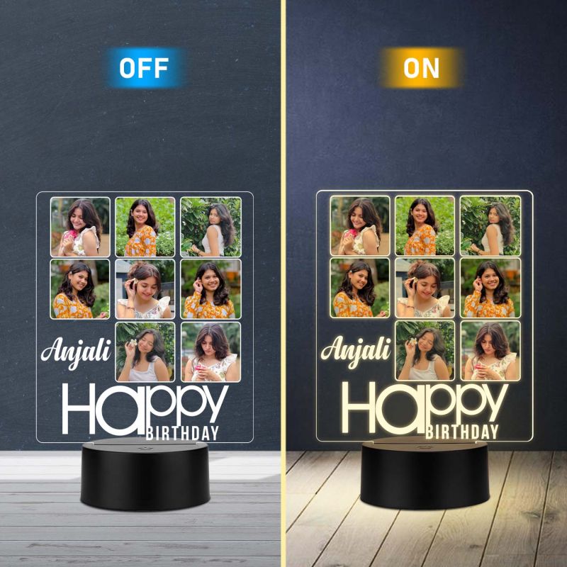 Personalized 3D Acrylic Photo Lamp with LED Base Customized Birthday Gift for Girls & Women, Features 8 Photo Collage with Name, Night Light for Bedroom Decoration Warm White Light